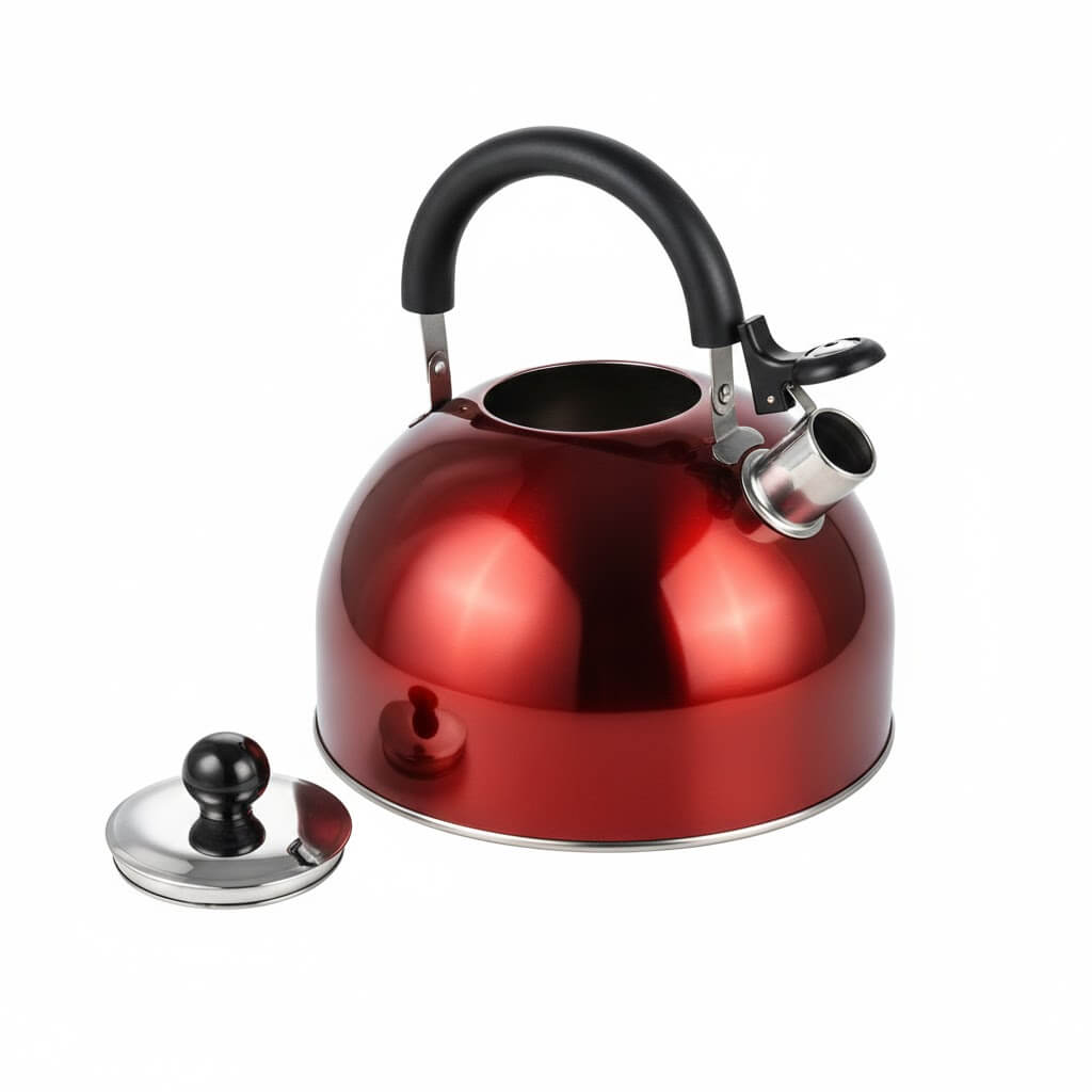 Ceainic metalic din inox roșu 2,5 L cu fluier și mâner ergonomic