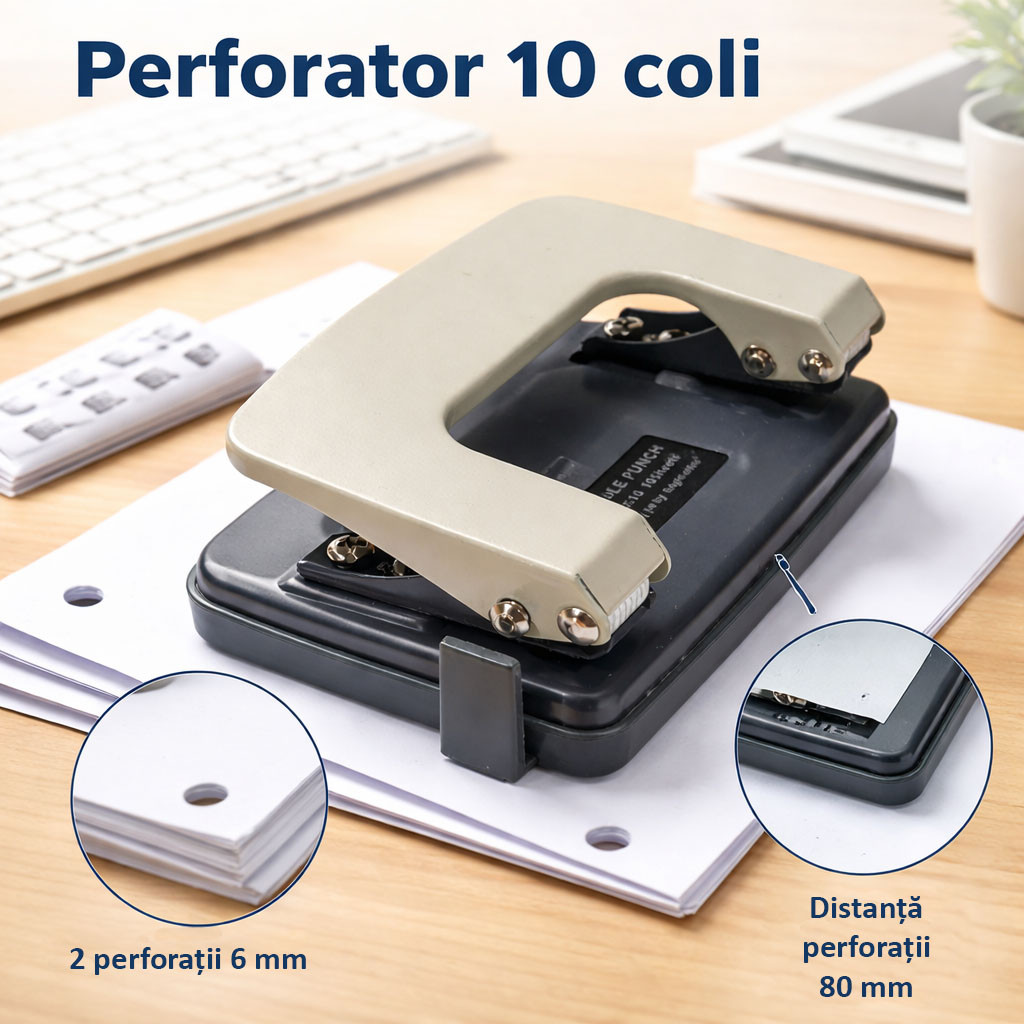 Perforator manual metal 10 coli, 2 perforatii 6 mm, ghidaj 80 mm (gri)