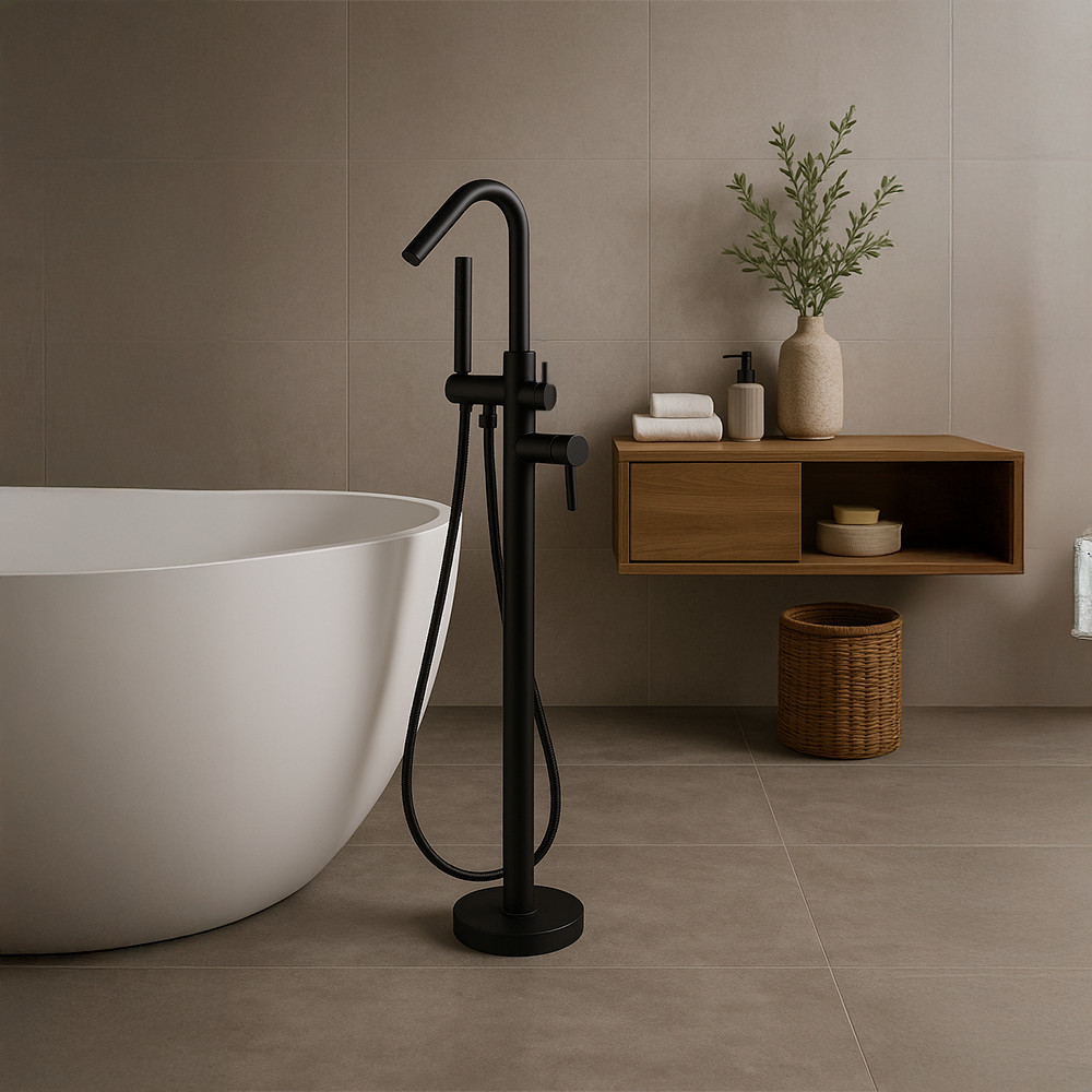 Baterie freestanding pentru cadă Leziter Lio neagră, 115 cm, cu duș de mână