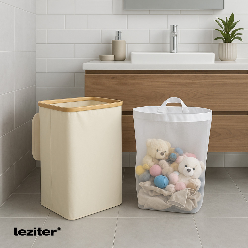 Coș de rufe Leziter 100L bej, cu sac detașabil și cadru bambus, 44x33x67 cm