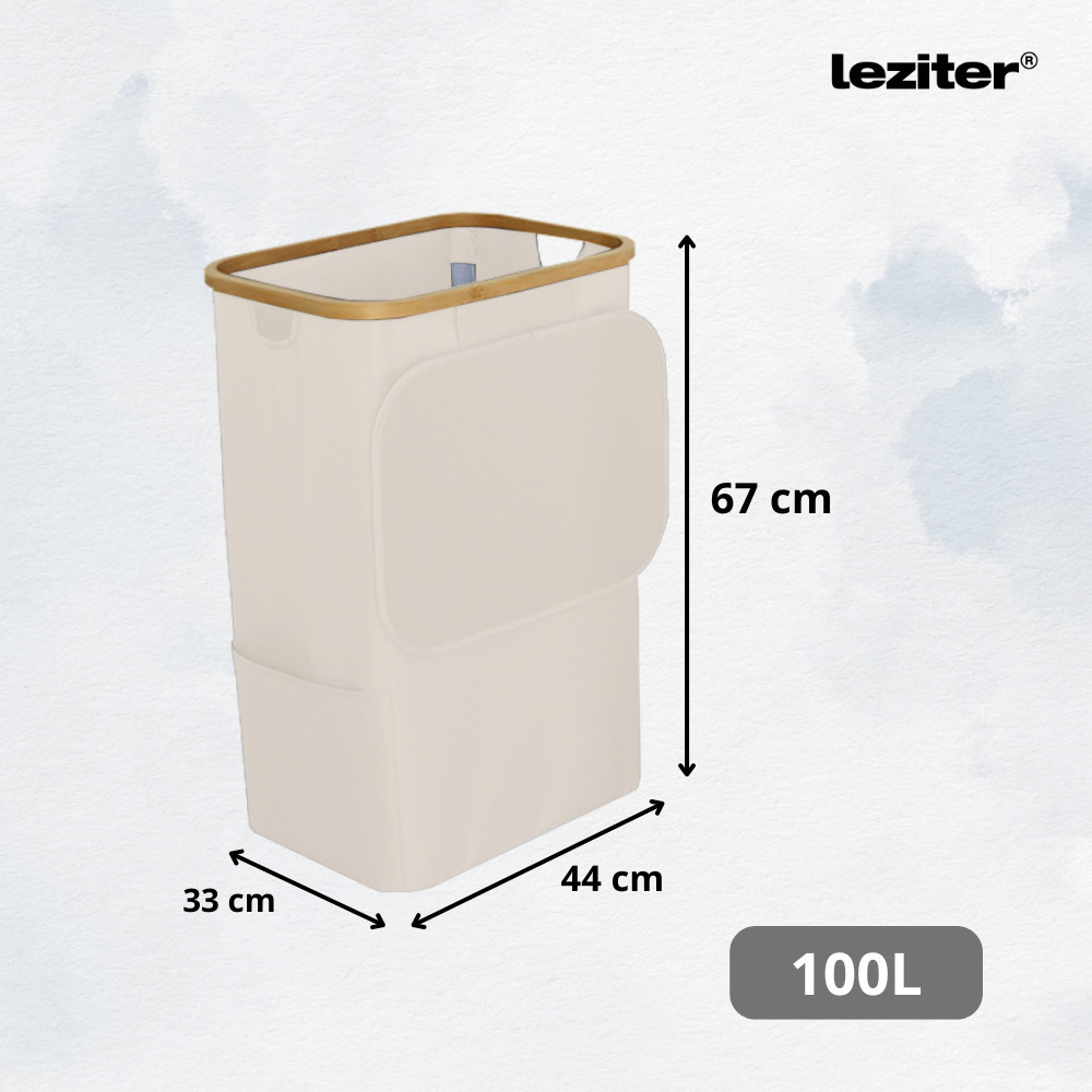 Coș de rufe Leziter 100L bej, cu sac detașabil și cadru bambus, 44x33x67 cm