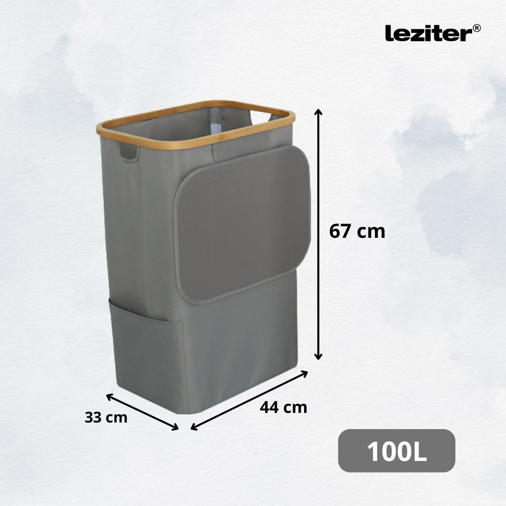 Coș de rufe Leziter 100L gri cu sac detașabil, cadru bambus 44x33x67 cm