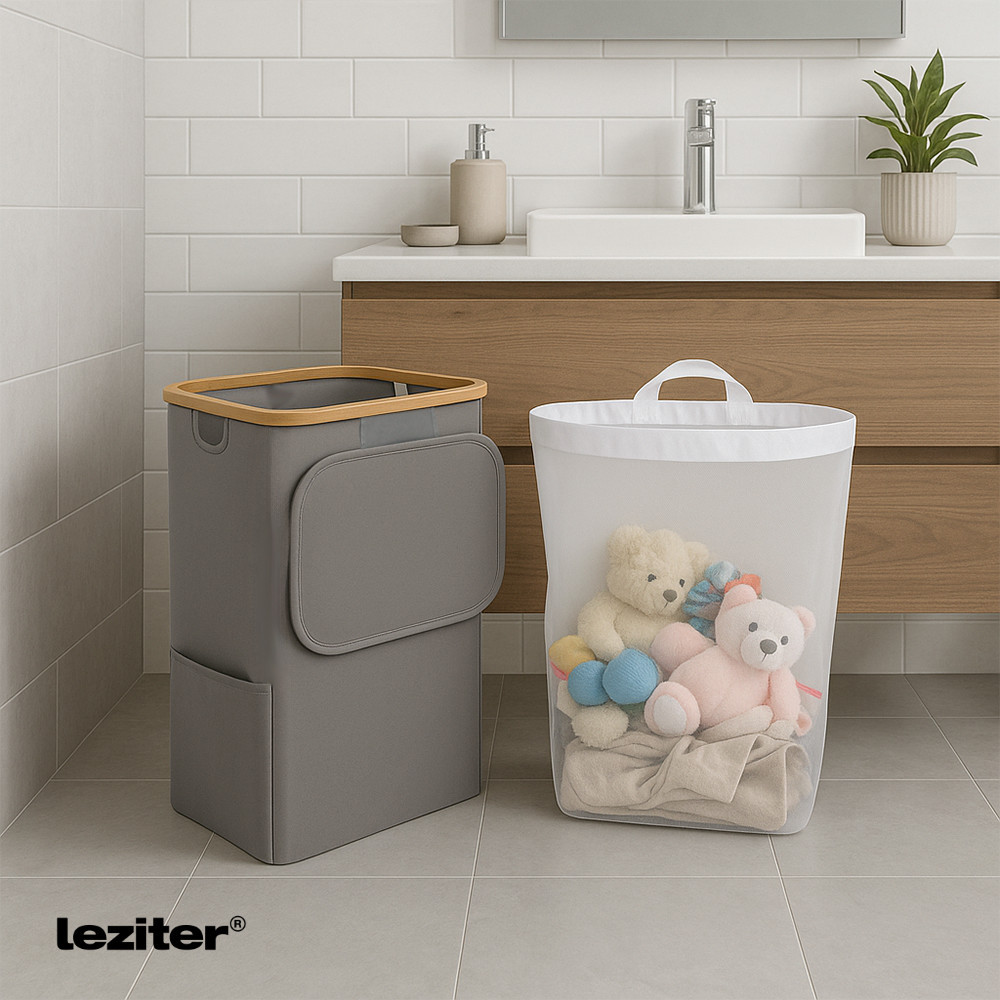 Coș de rufe Leziter 100L gri cu sac detașabil, cadru bambus 44x33x67 cm