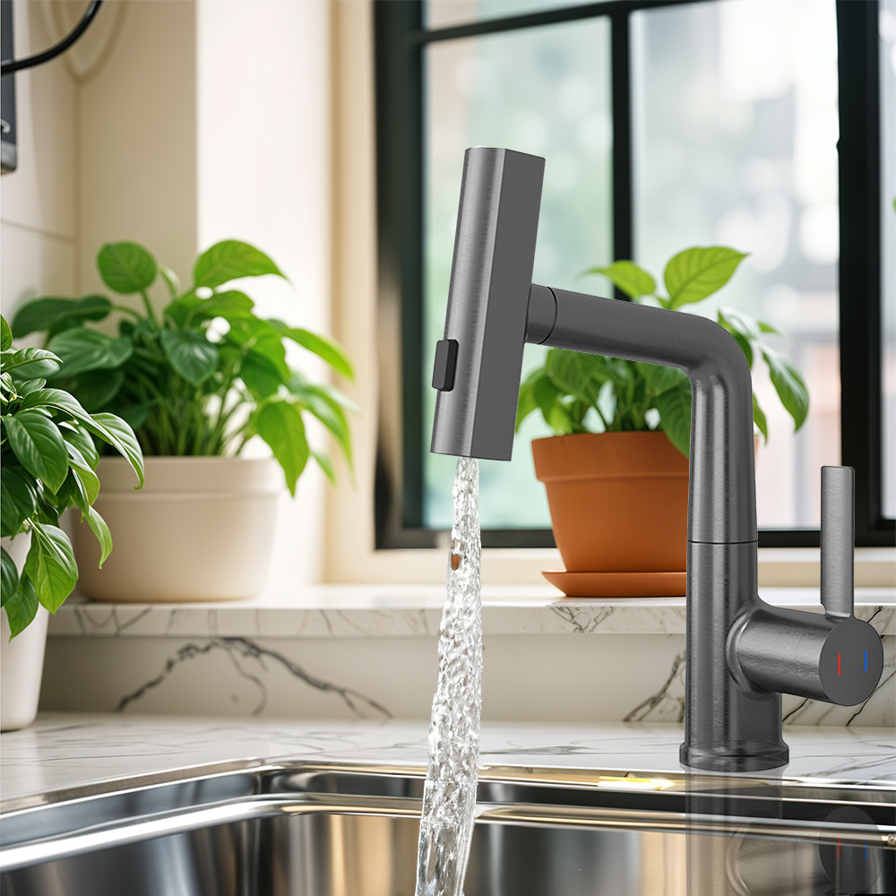 Baterie de bucătărie Leziter Mara, gri, cu cap multifuncțional și duș extractibil