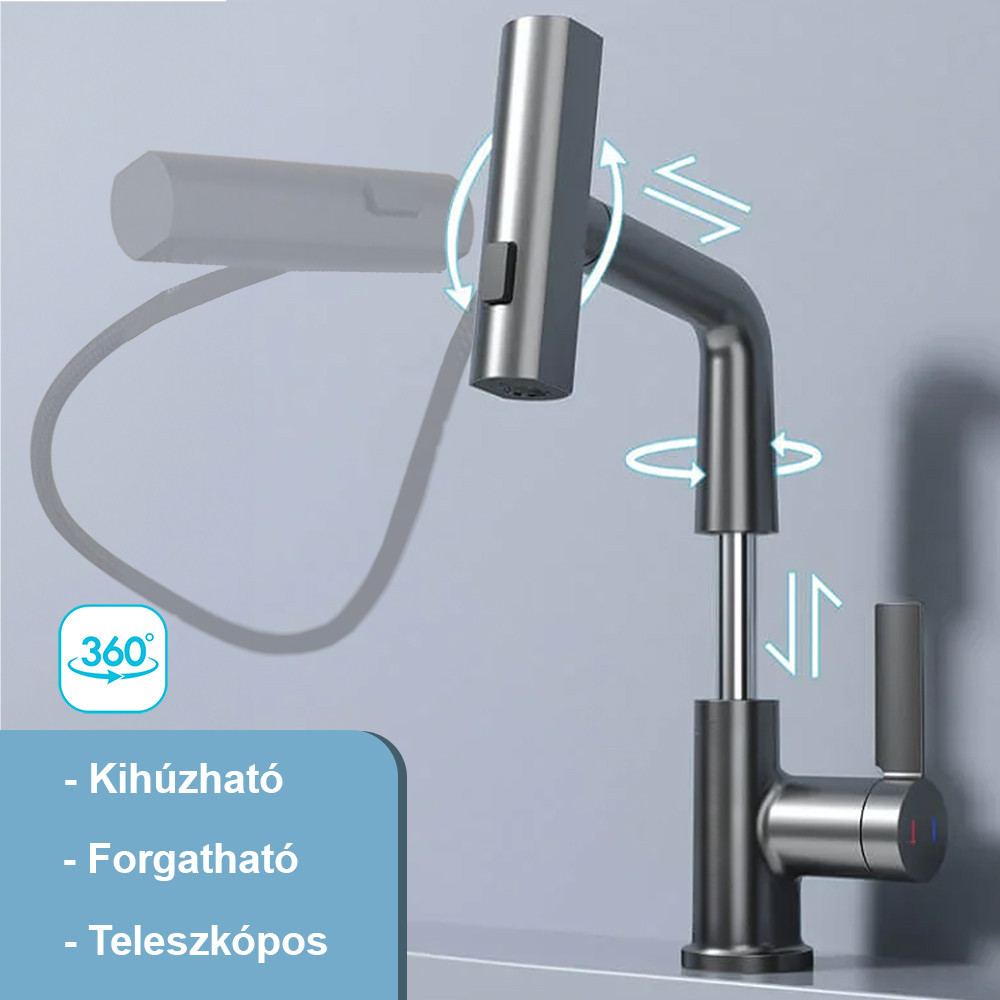 Baterie de bucătărie Leziter Mara, gri, cu cap multifuncțional și duș extractibil