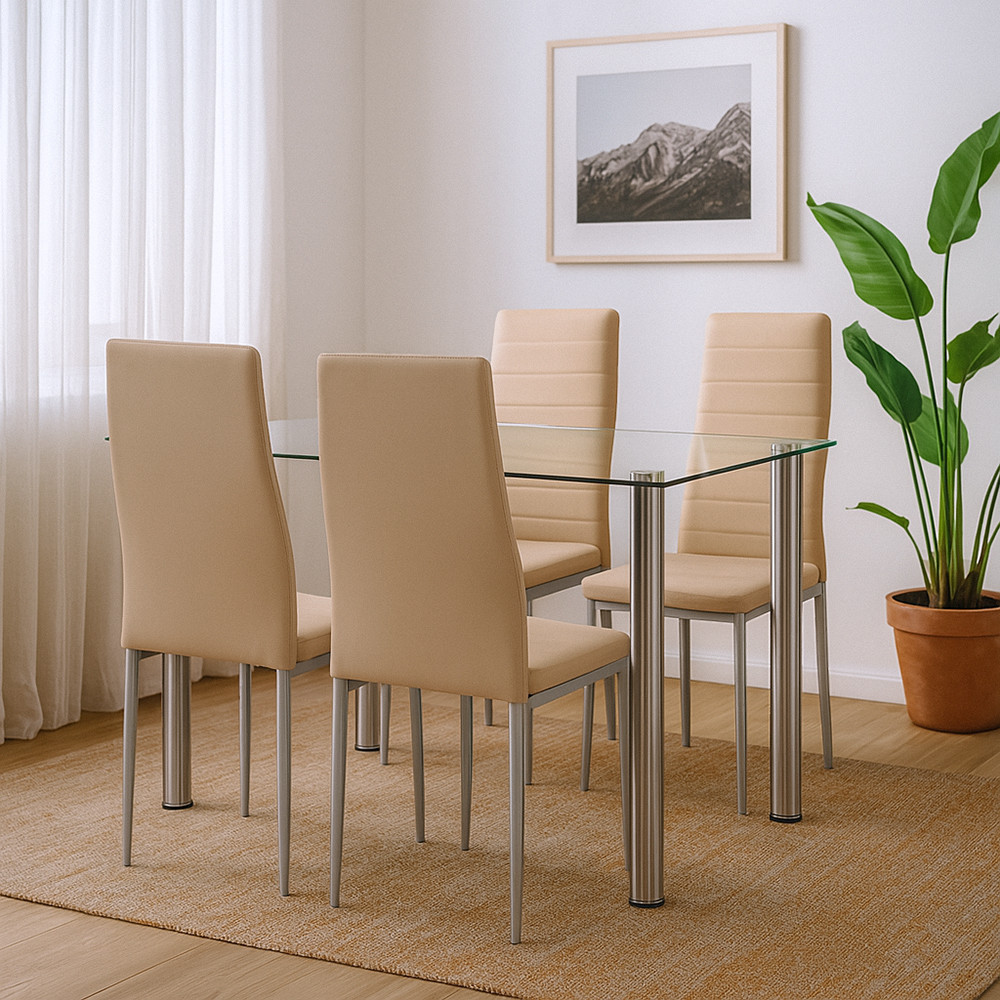 Set dining Leziter Mateo 4+1, masă sticlă 120 cm și 4 scaune bej-gri