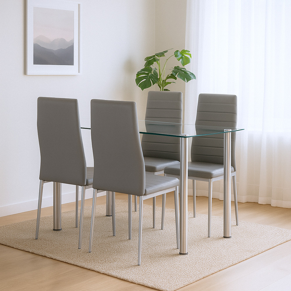 Set dining Leziter Mateo 4+1 cu masă din sticlă securizată, 4 scaune gri