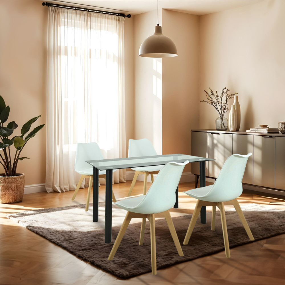 Set masă dining Leziter Merlo 4+1 alb, blat sticlă securizată 120x70 cm