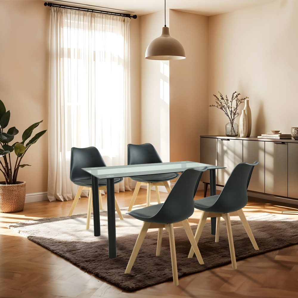 Set masă dining Leziter Merlo 4+1 negru, blat din sticlă securizată