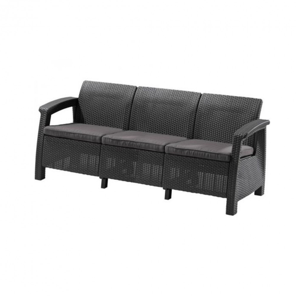 Canapea de grădină Curver Corfu Love Seat Max, 3 locuri, grafit, perne gri