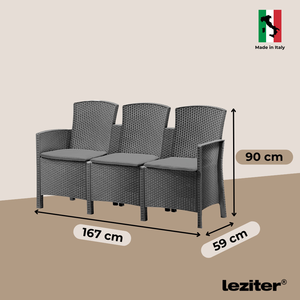 Canapea de grădină Leziter Lima, 3 locuri, ratan artificial, grafit