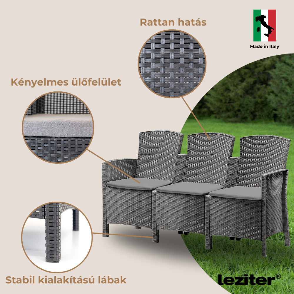 Canapea de grădină Leziter Lima, 3 locuri, ratan artificial, grafit