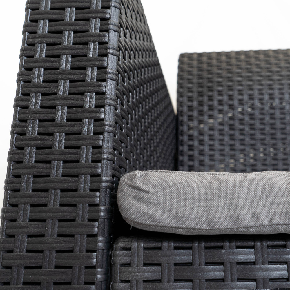 Canapea de grădină Leziter Nero cu 2 locuri, grafit, aspect ratan, cu perne