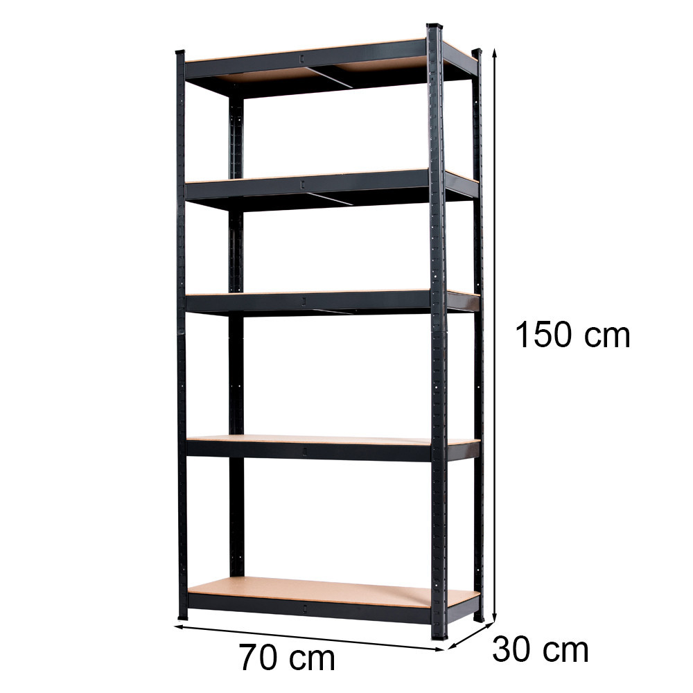 Raft metalic Leziter rezistent, 150x70x30 cm, 150 kg, negru, 4 polițe reglabile