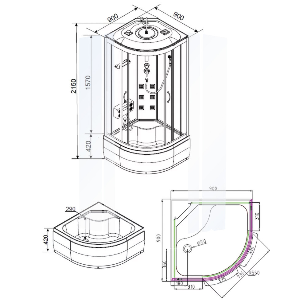 Cabină de duș cu hidromasaj Leziter Mila 90x90 cm, curbată, albă, tavă adâncă