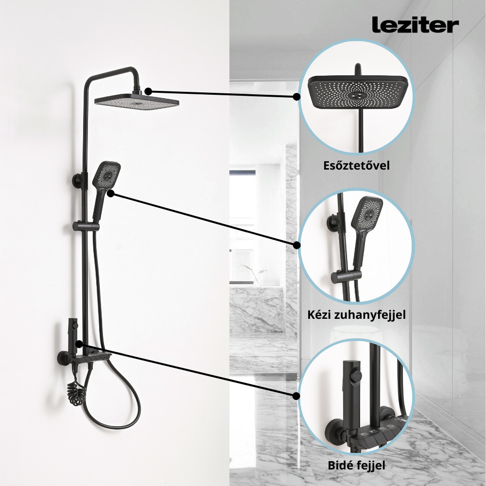 Set de duș multifuncțional Leziter Eliz negru, cu efect ploaie și cap bideu
