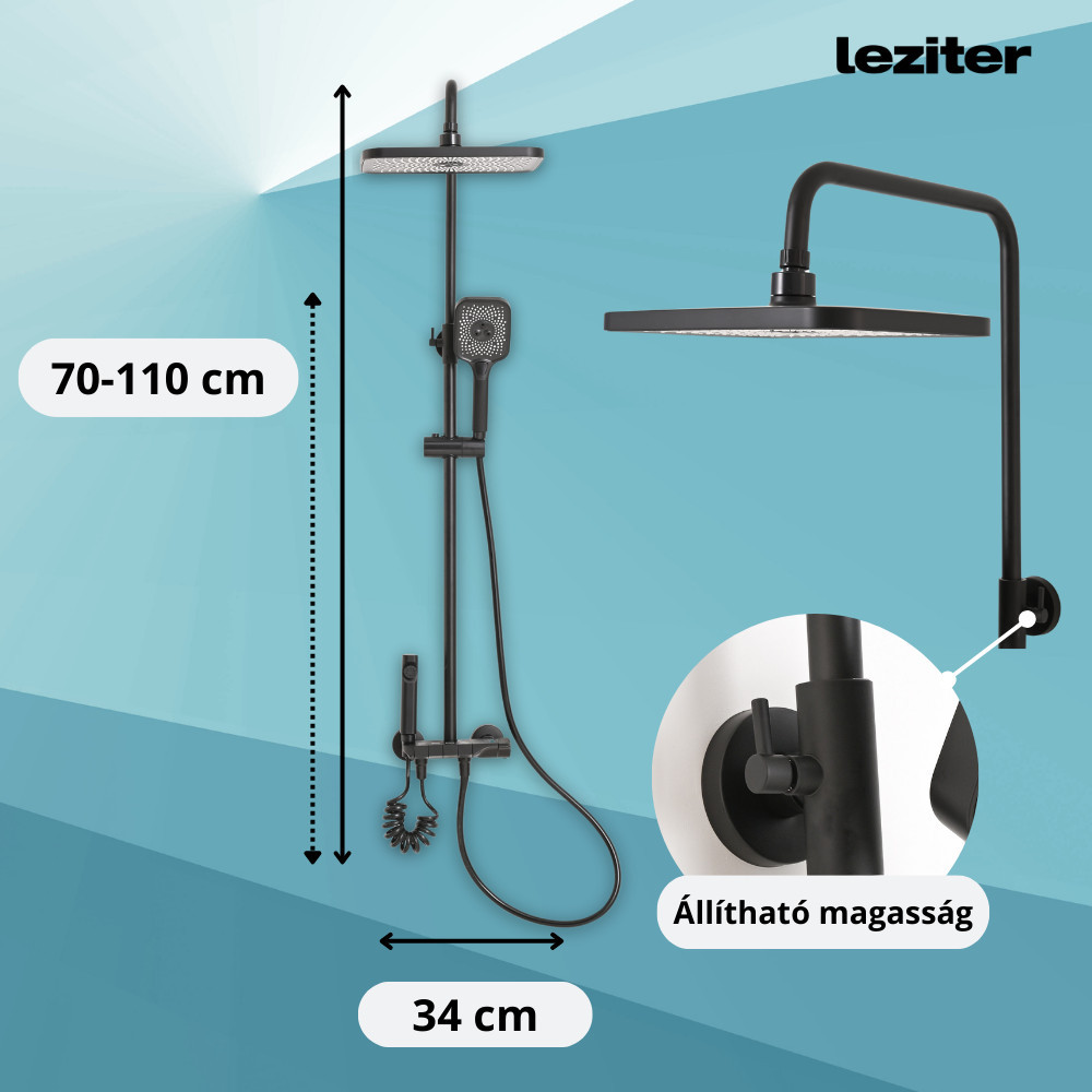Set de duș multifuncțional Leziter Eliz negru, cu efect ploaie și cap bideu