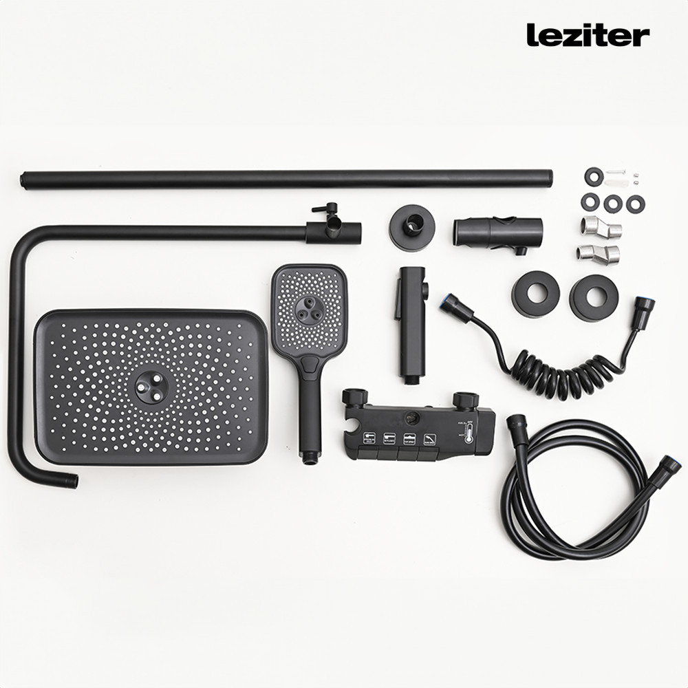 Set de duș multifuncțional Leziter Eliz negru, cu efect ploaie și cap bideu