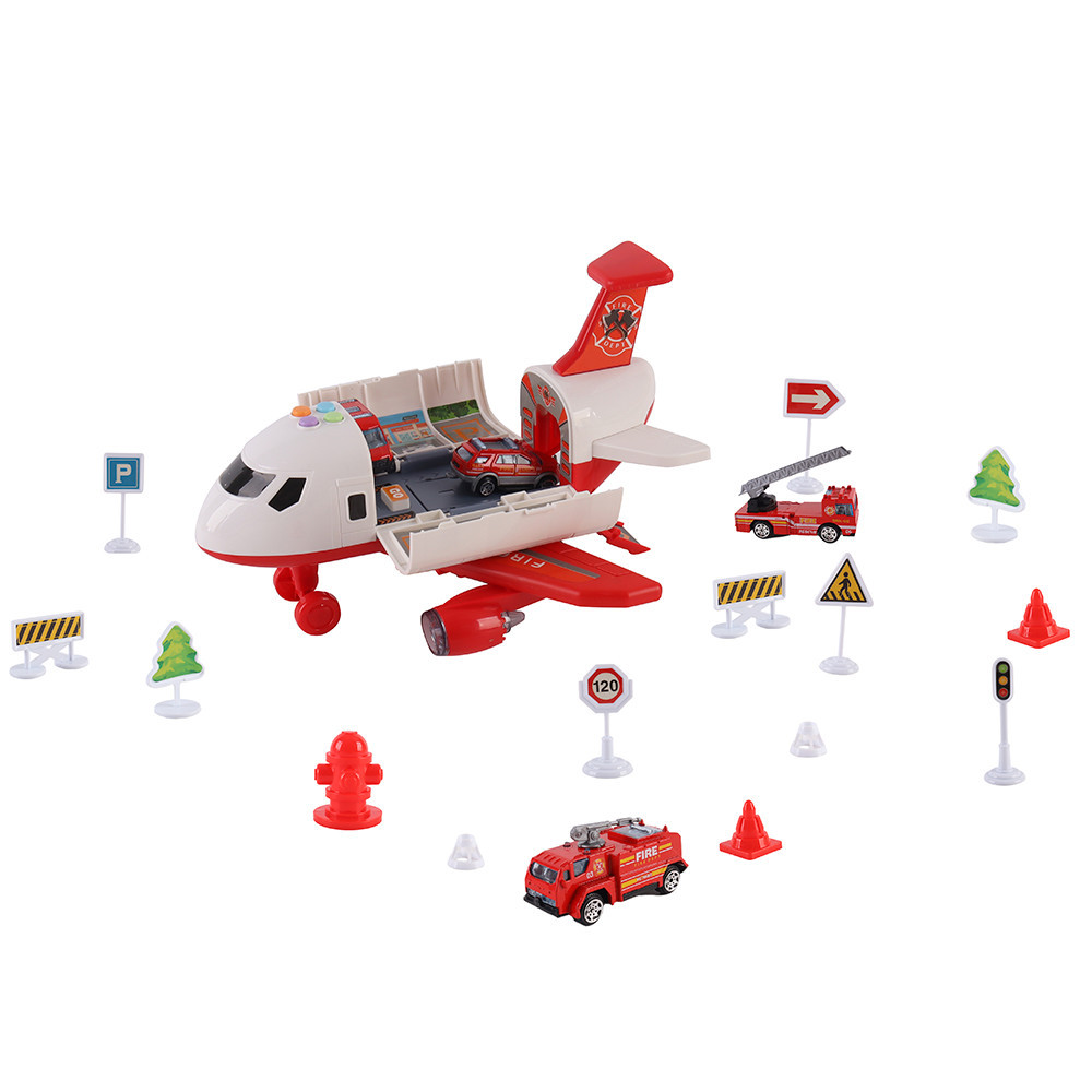 Leziter avion de transport pentru pompieri cu 4 masini, lumini, sunete si accesorii