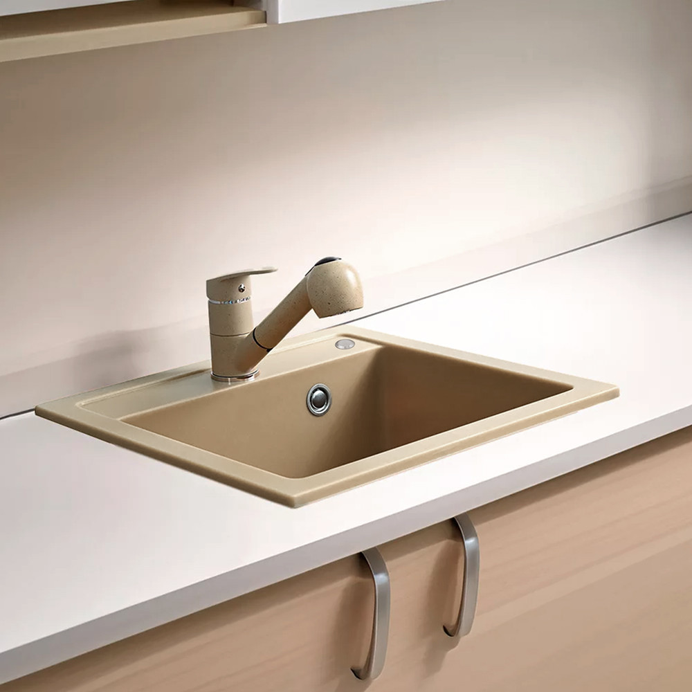 Chiuvetă bucătărie pătrată Leziter Nia din granit bej, 1 cuvă, încastrată