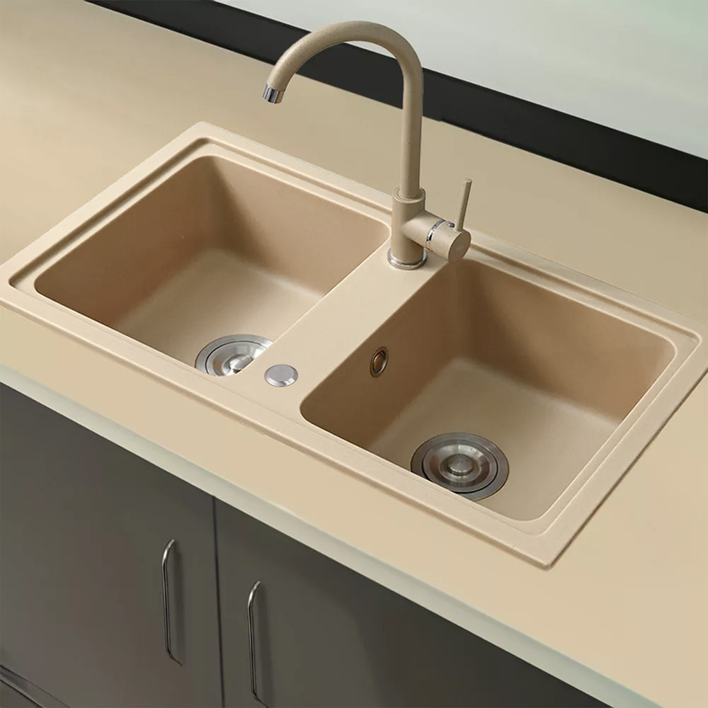 Chiuvetă încastrată din granit Leziter Tia, bej, cu 2 cuve, 780x435 mm