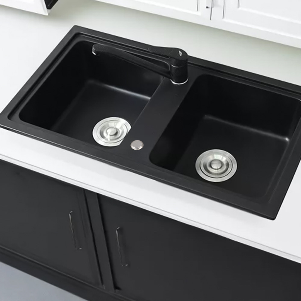 Chiuvetă bucătărie Leziter Tia din granit negru mat, pătrată, cu 2 cuve