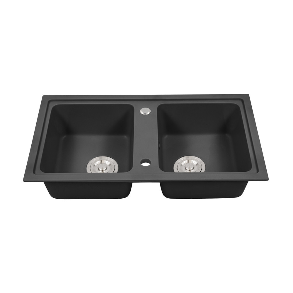 Chiuvetă bucătărie Leziter Tia din granit negru mat, pătrată, cu 2 cuve