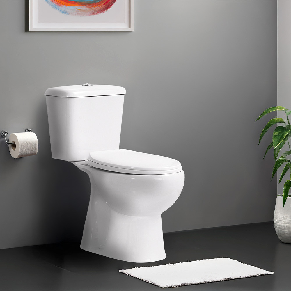 Toaletă monobloc Leziter Cleano cu evacuare inferioară, capac soft-close și rezervor 6 L