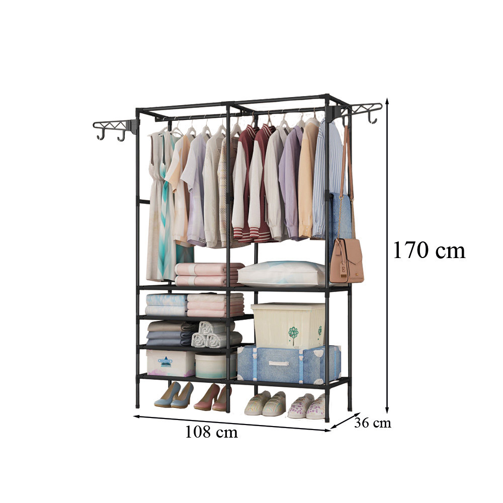 Raft de haine si rufe Leziter LRA-08, metalic, cu umerase duble, negru