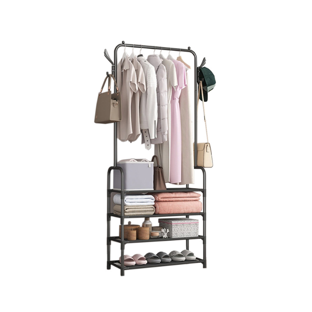 Suport haine Leziter LRA-01, negru, cu rafturi pentru pantofi si accesorii