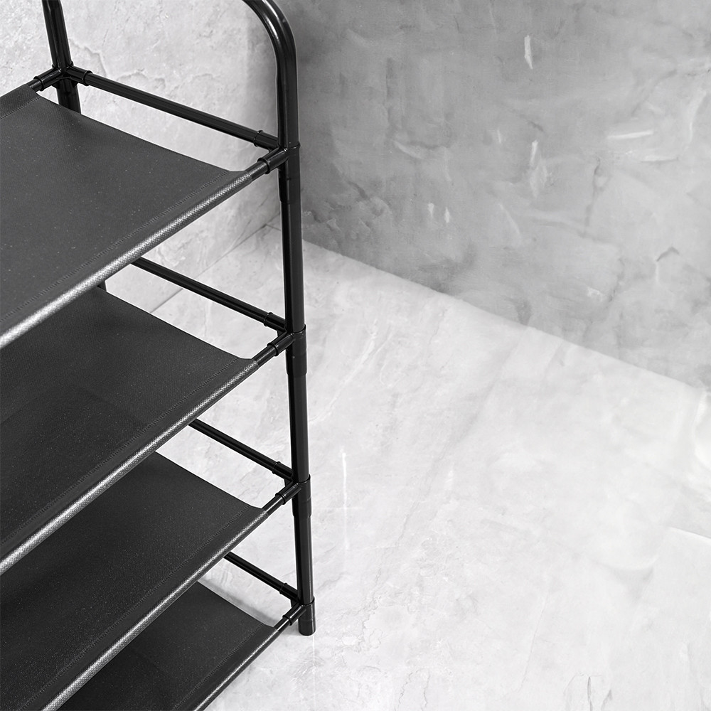 Suport haine Leziter LRA-01, negru, cu rafturi pentru pantofi si accesorii