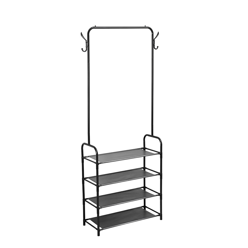 Suport haine Leziter LRA-01, negru, cu rafturi pentru pantofi si accesorii