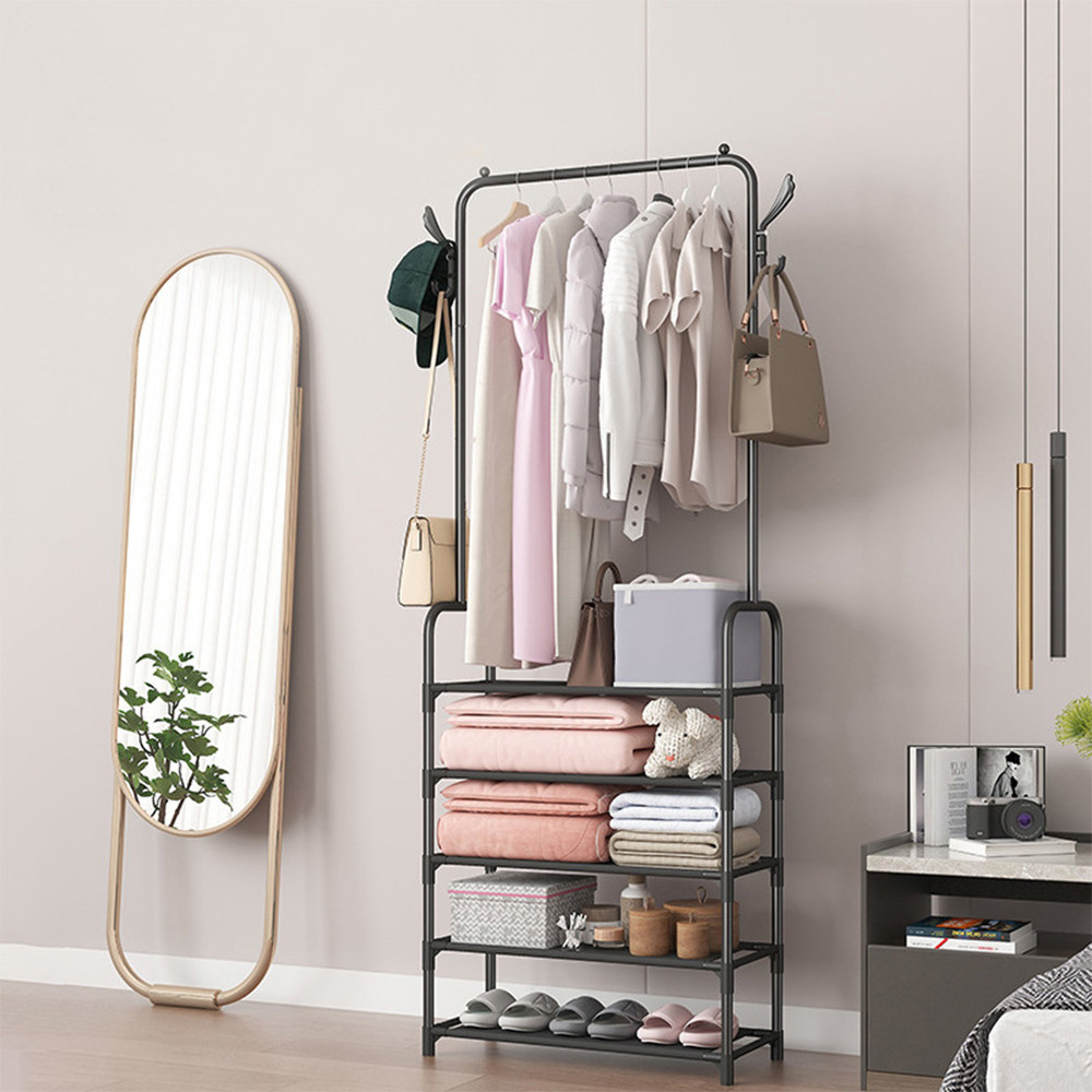 Suport haine Leziter LRA-01, negru, cu rafturi pentru pantofi si accesorii