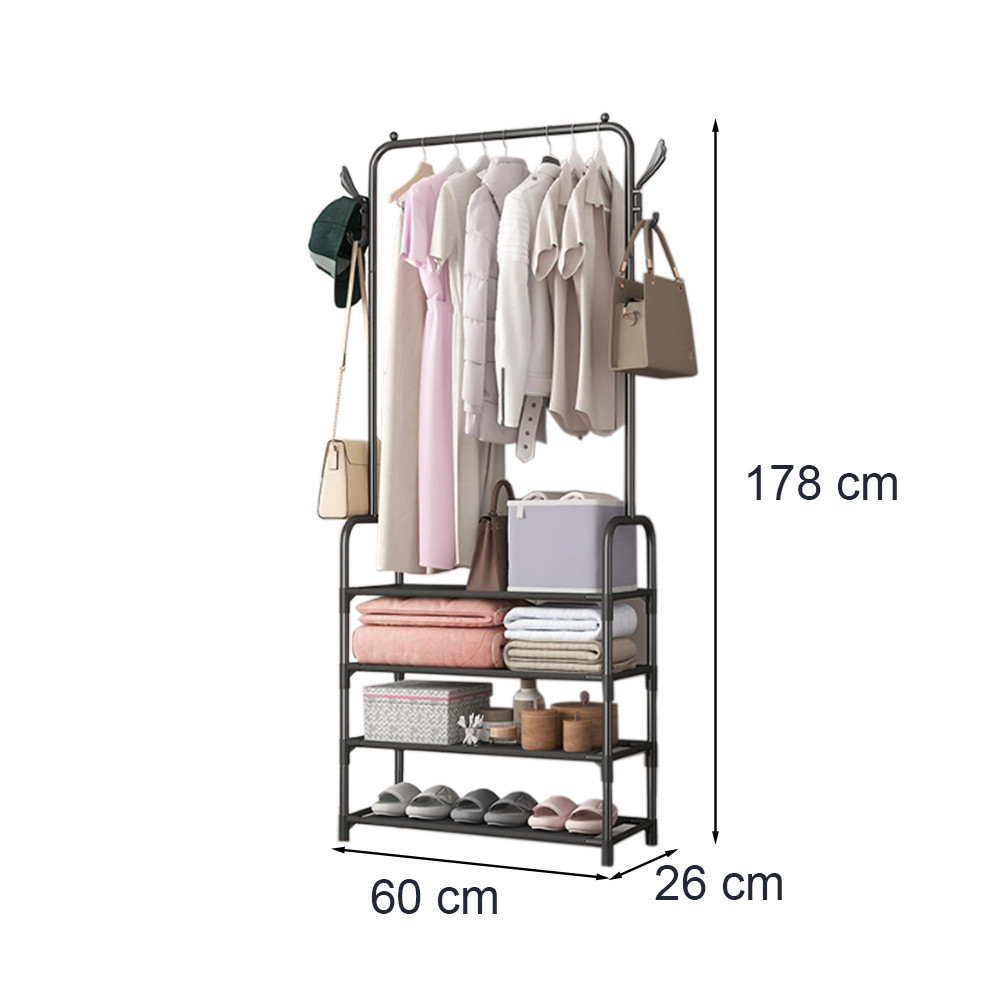 Suport haine Leziter LRA-01, negru, cu rafturi pentru pantofi si accesorii