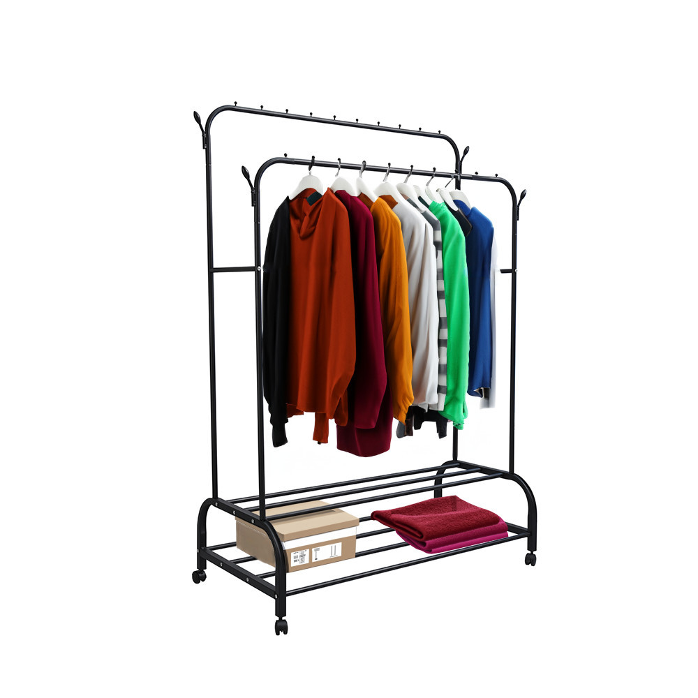 Suport de haine Leziter LRA-05 negru, metalic, cu 2 bare si raft pentru pantofi