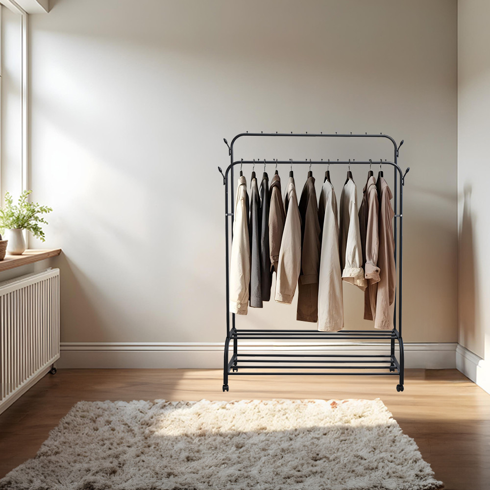 Suport de haine Leziter LRA-05 negru, metalic, cu 2 bare si raft pentru pantofi