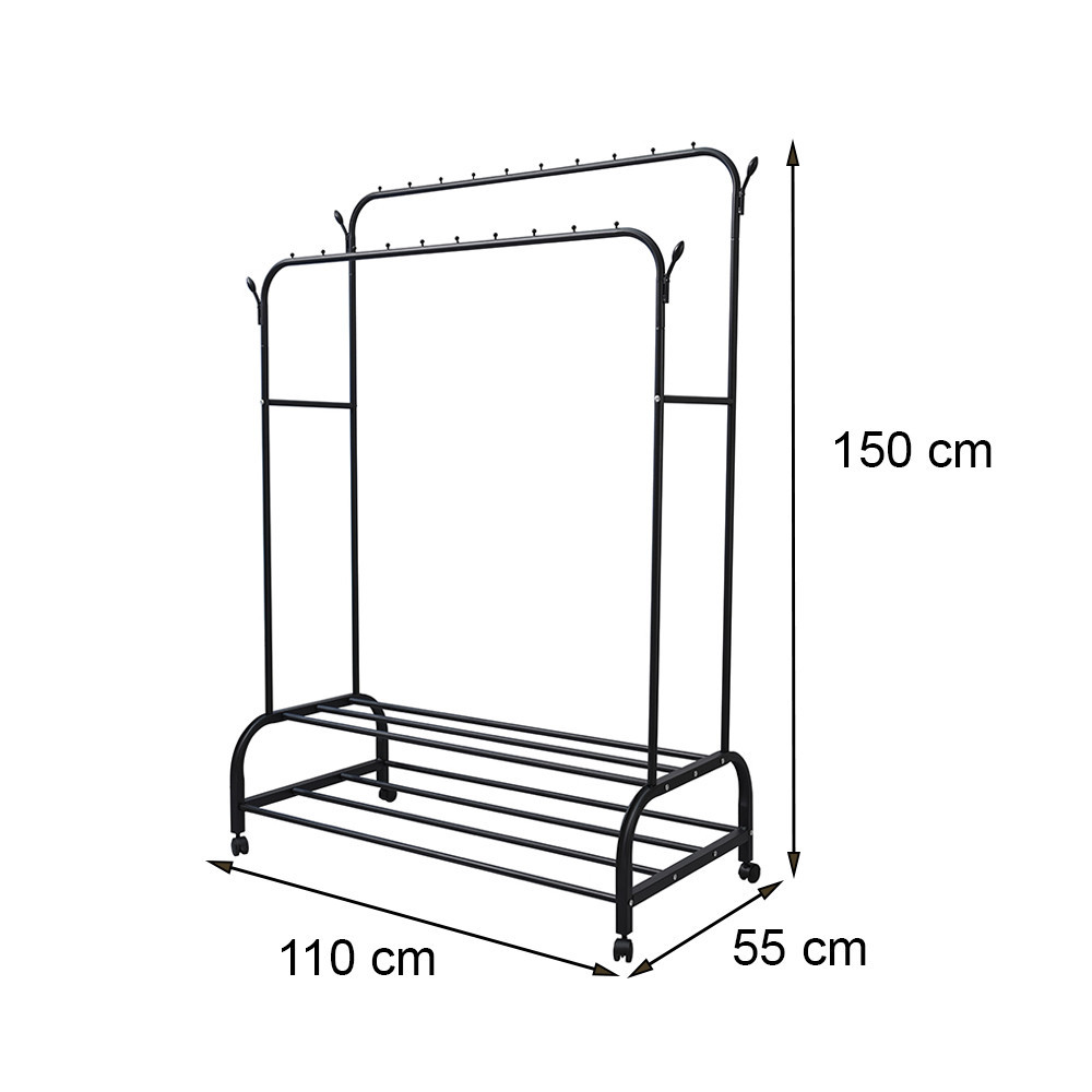 Suport de haine Leziter LRA-05 negru, metalic, cu 2 bare si raft pentru pantofi