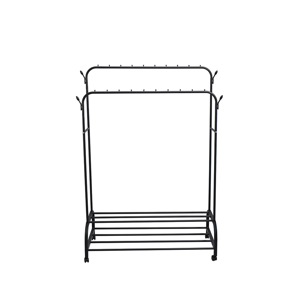 Suport de haine Leziter LRA-05 negru, metalic, cu 2 bare si raft pentru pantofi