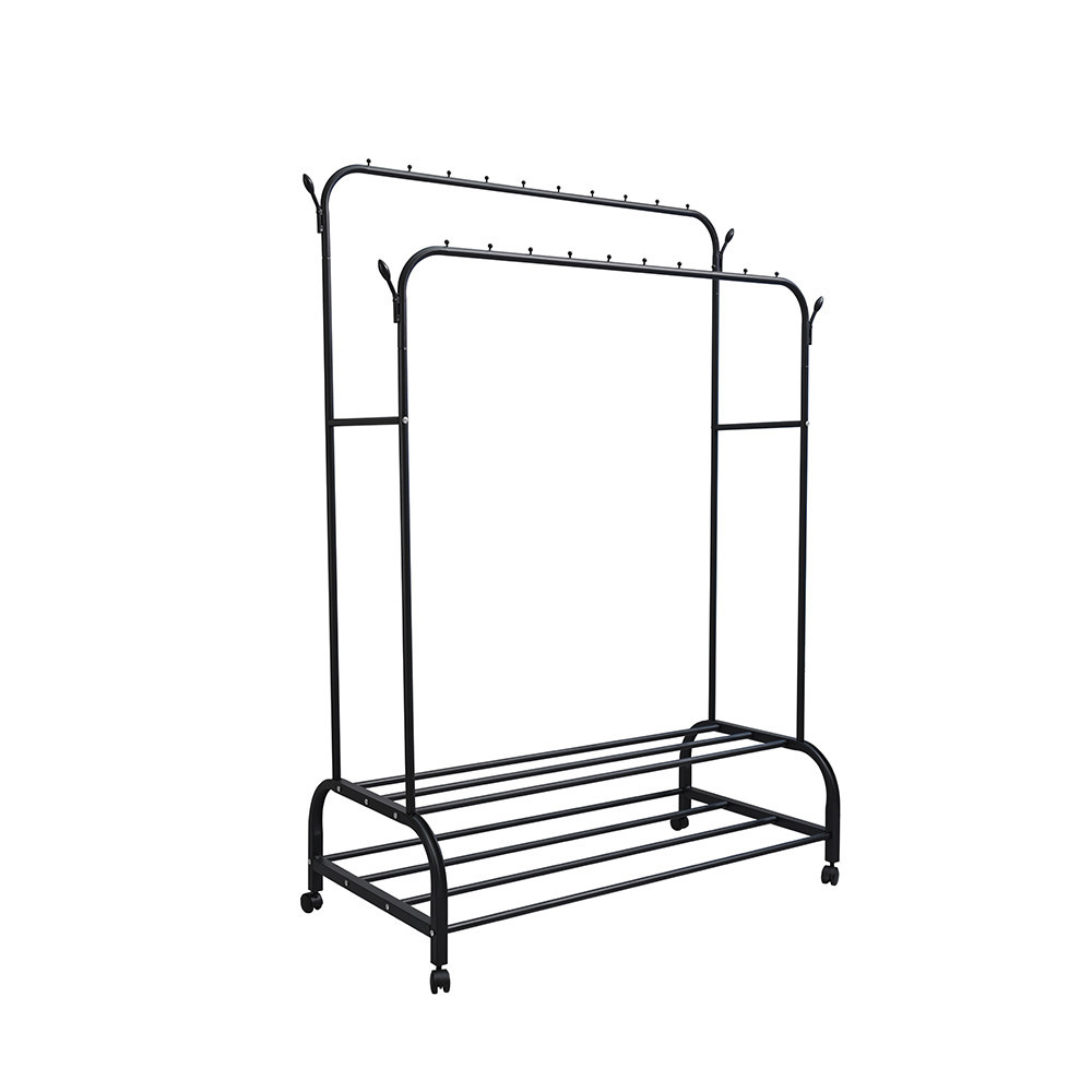 Suport de haine Leziter LRA-05 negru, metalic, cu 2 bare si raft pentru pantofi