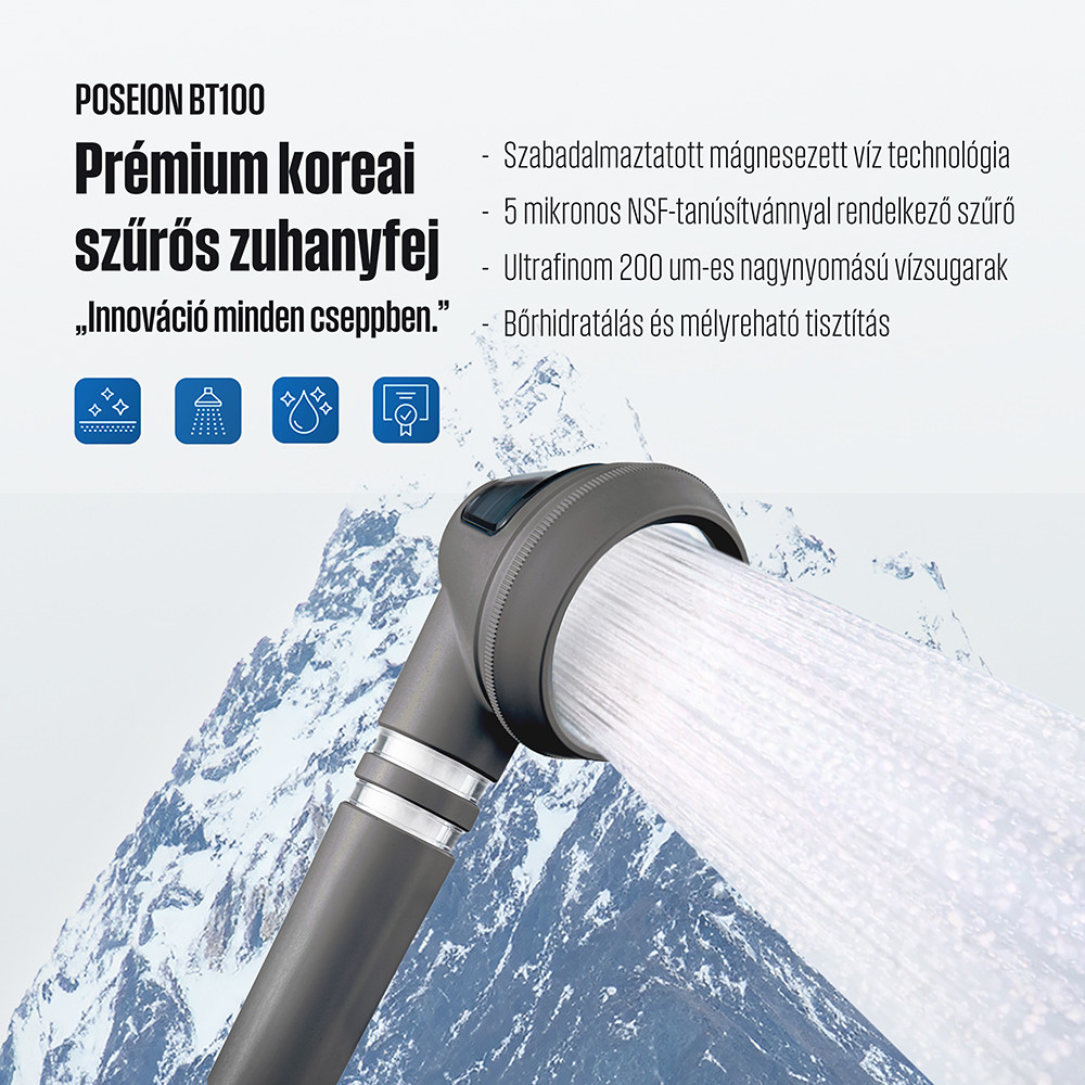 Cap de duș Poseion BT100 cu filtru 5 microni, tehnologie magnetică-ionizantă, gri
