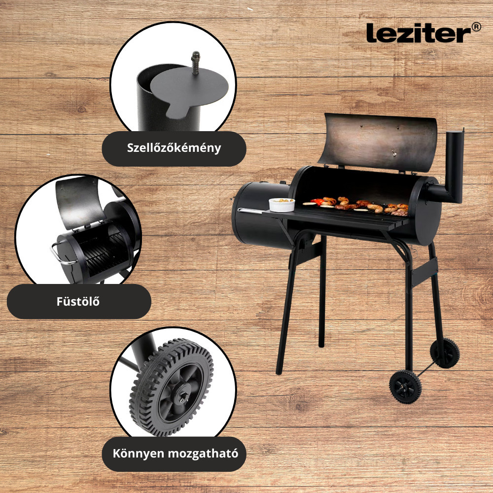 Grătar de grădină Leziter cu cărbune și afumătoare, cu termometru și roți