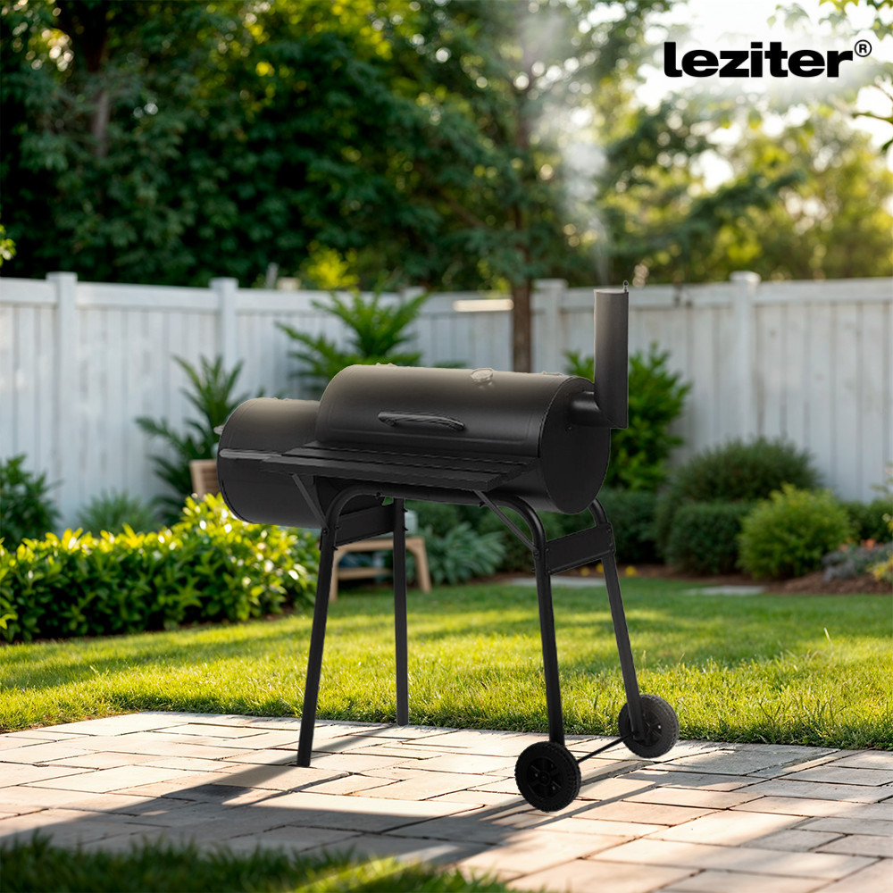 Grătar de grădină Leziter cu cărbune și afumătoare, cu termometru și roți
