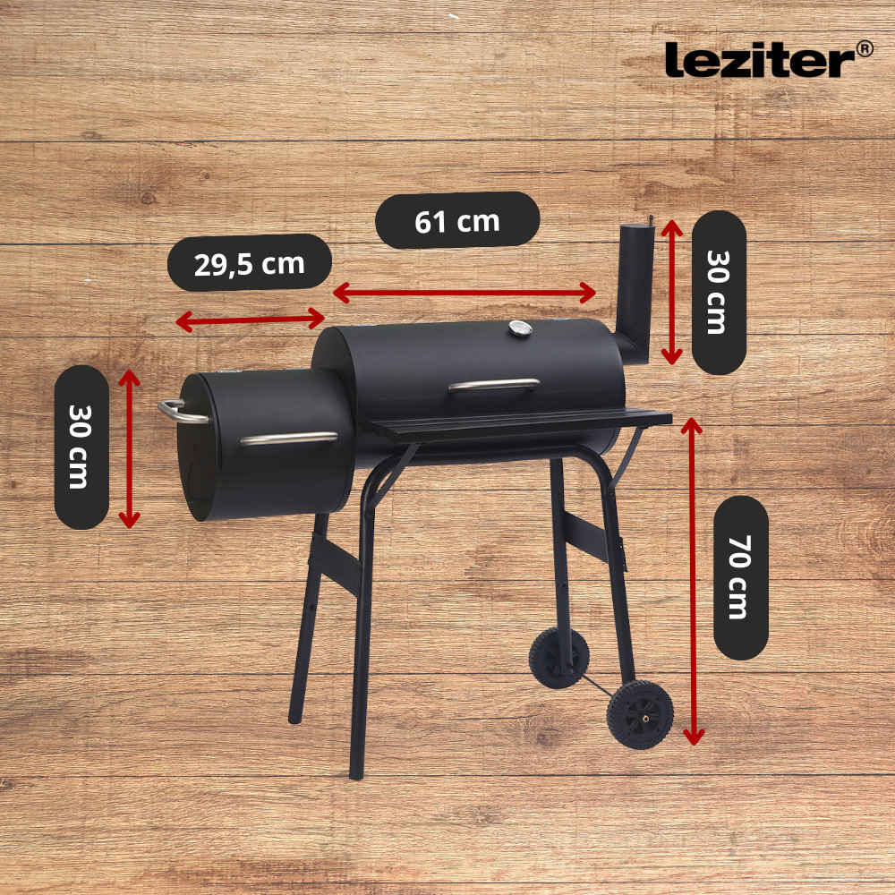 Grătar de grădină Leziter cu cărbune și afumătoare, cu termometru și roți