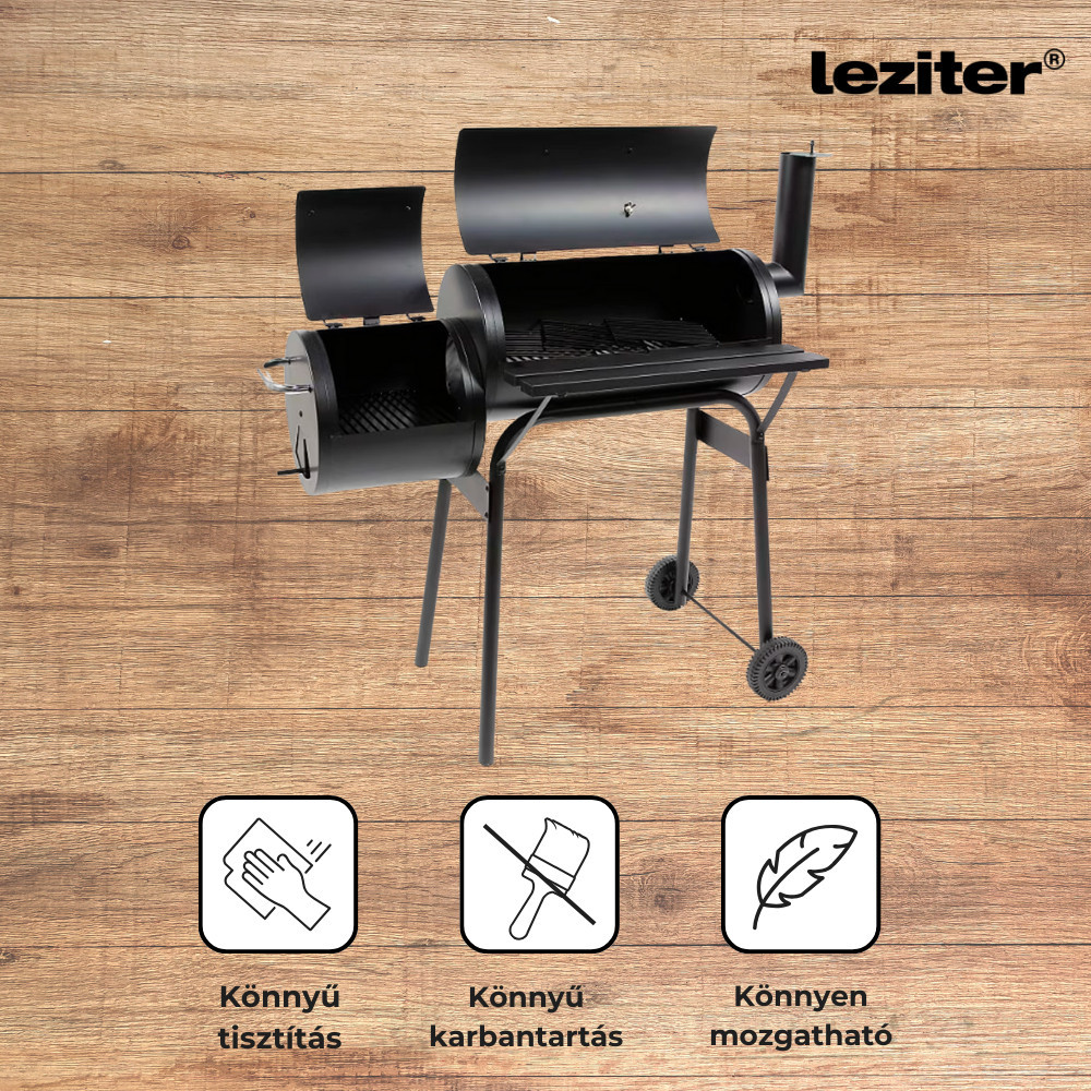 Grătar de grădină Leziter cu cărbune și afumătoare, cu termometru și roți