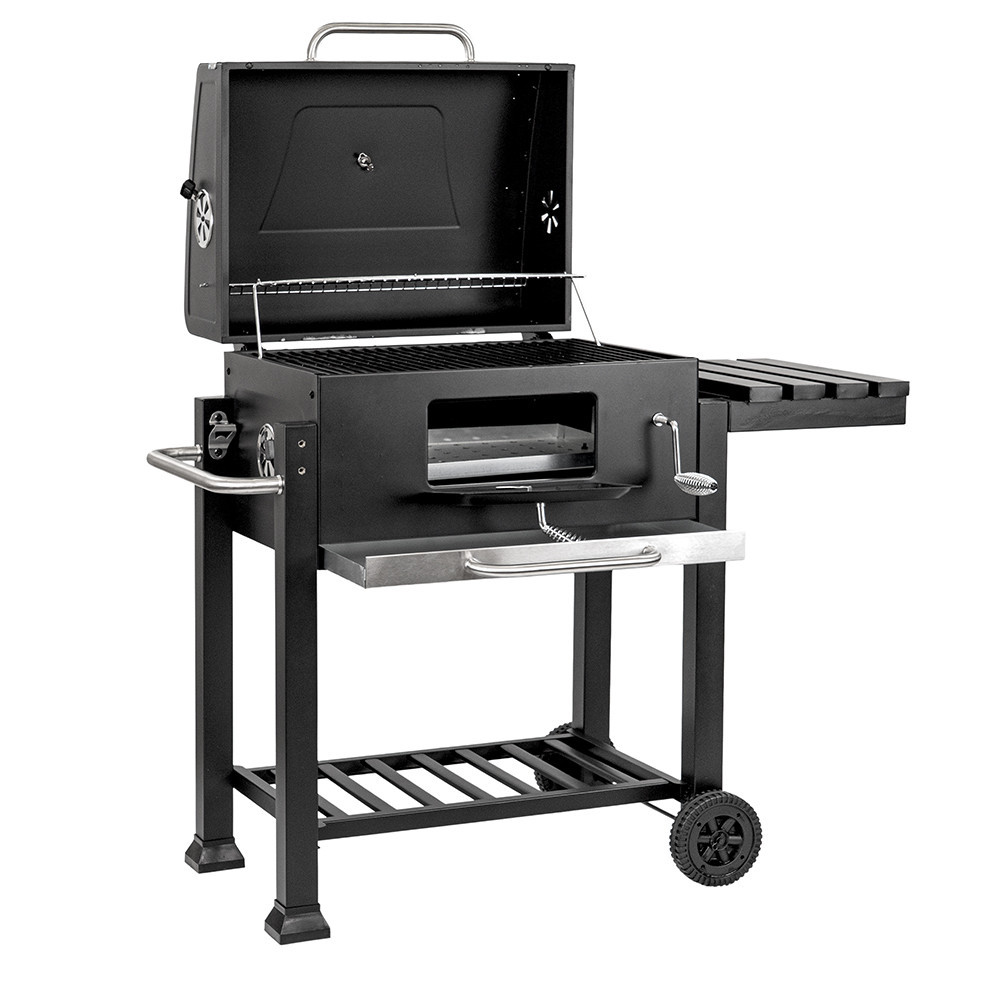 Grătar pe cărbune Leziter multifuncțional, cu termometru, capac și roți pentru grădină
