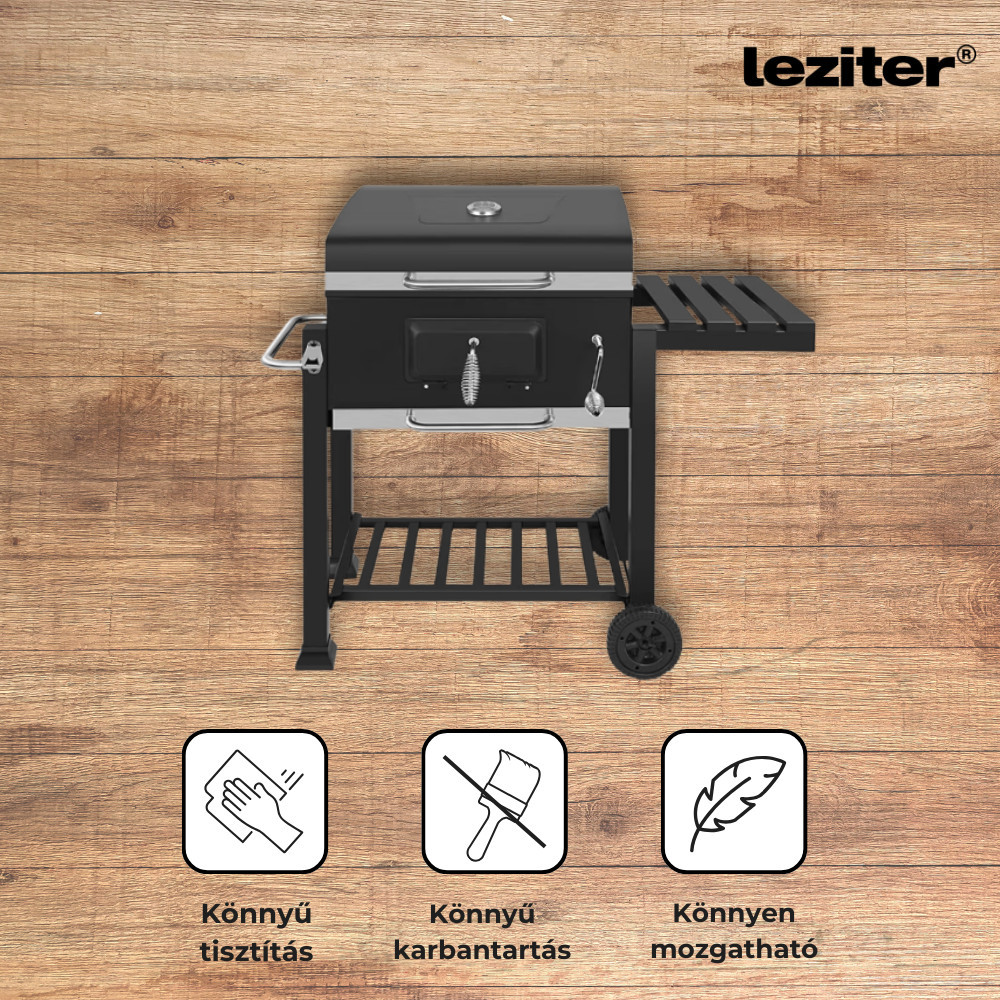 Grătar pe cărbune Leziter multifuncțional, cu termometru, capac și roți pentru grădină