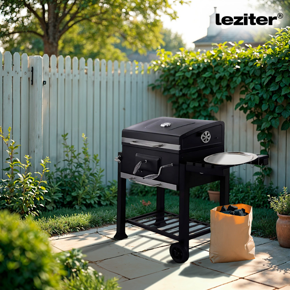 Grătar pe cărbune Leziter multifuncțional, cu termometru, capac și roți pentru grădină