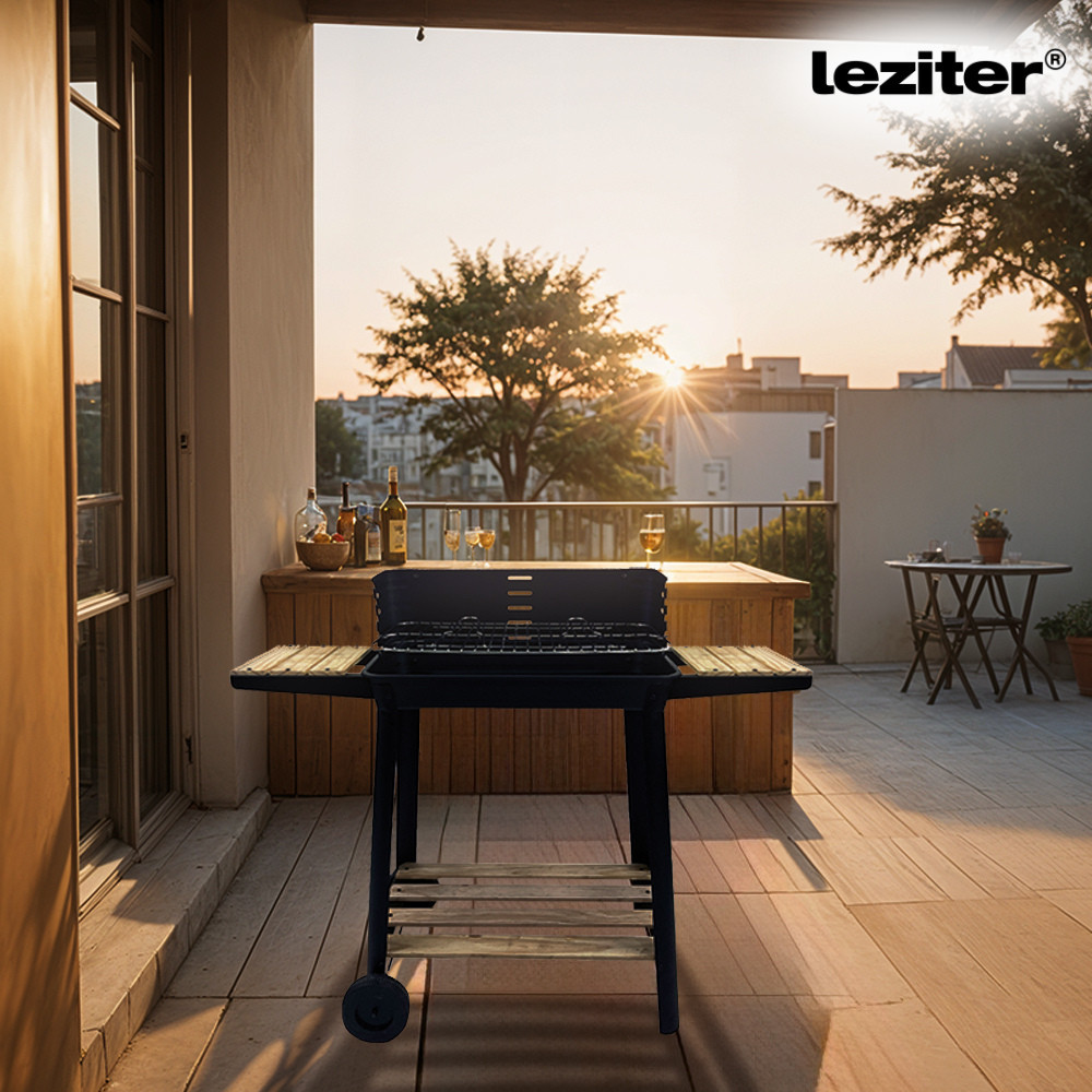 Grătar pe cărbune Leziter dreptunghiular cu roți și polițe din lemn, 49x28 cm