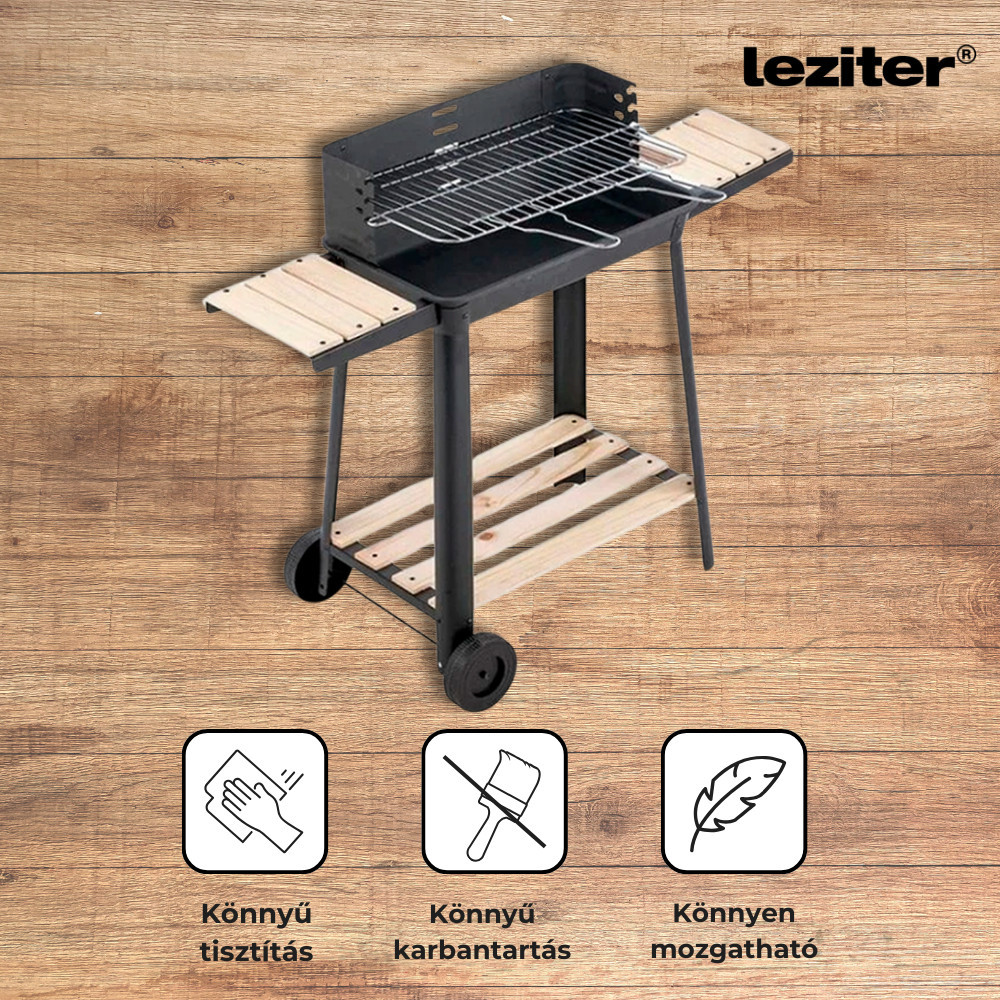 Grătar pe cărbune Leziter dreptunghiular cu roți și polițe din lemn, 49x28 cm