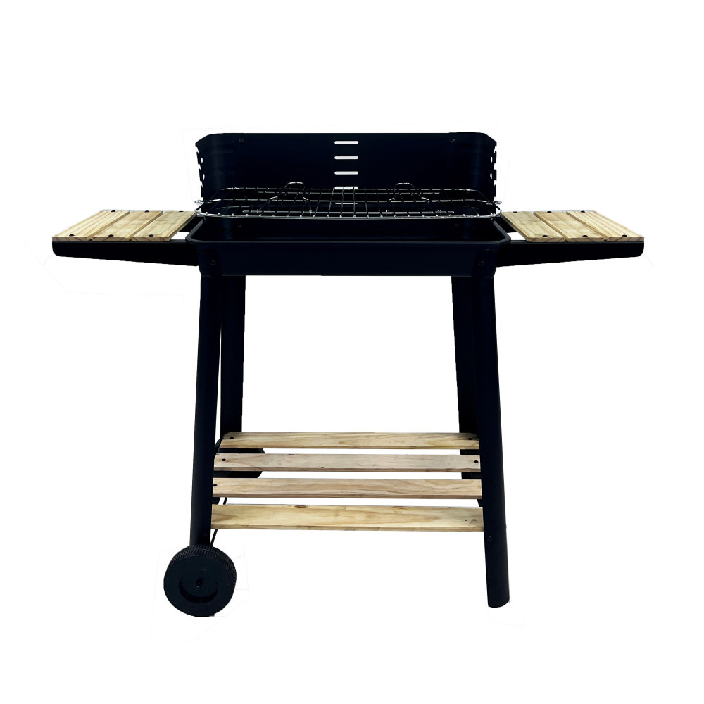Grătar pe cărbune Leziter dreptunghiular cu roți și polițe din lemn, 49x28 cm